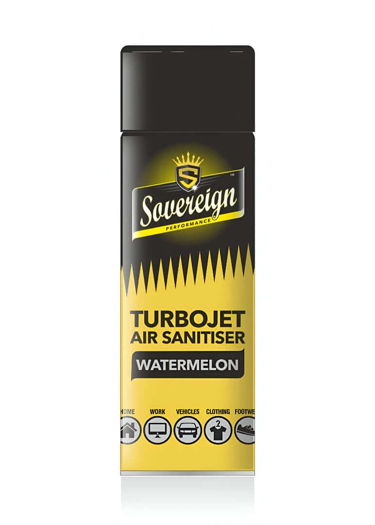Sovereign Turbojet Air Sanitiser can with yellow and black design on a white background