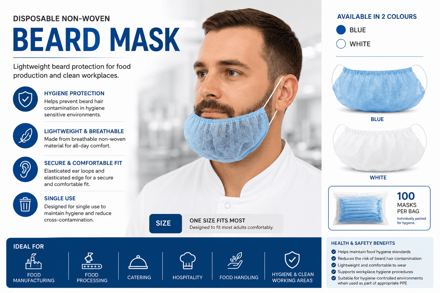 Disposable Non-Woven Beard Mask Food Medical & Hygiene Use One Size