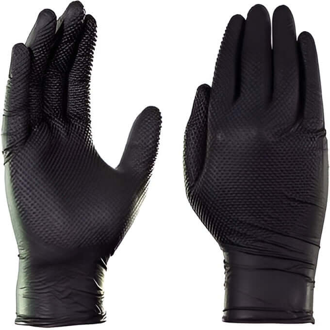 Diamond Grip Nitrile Gloves 5.2Mil shown in black with diamond grip design for superior handling.