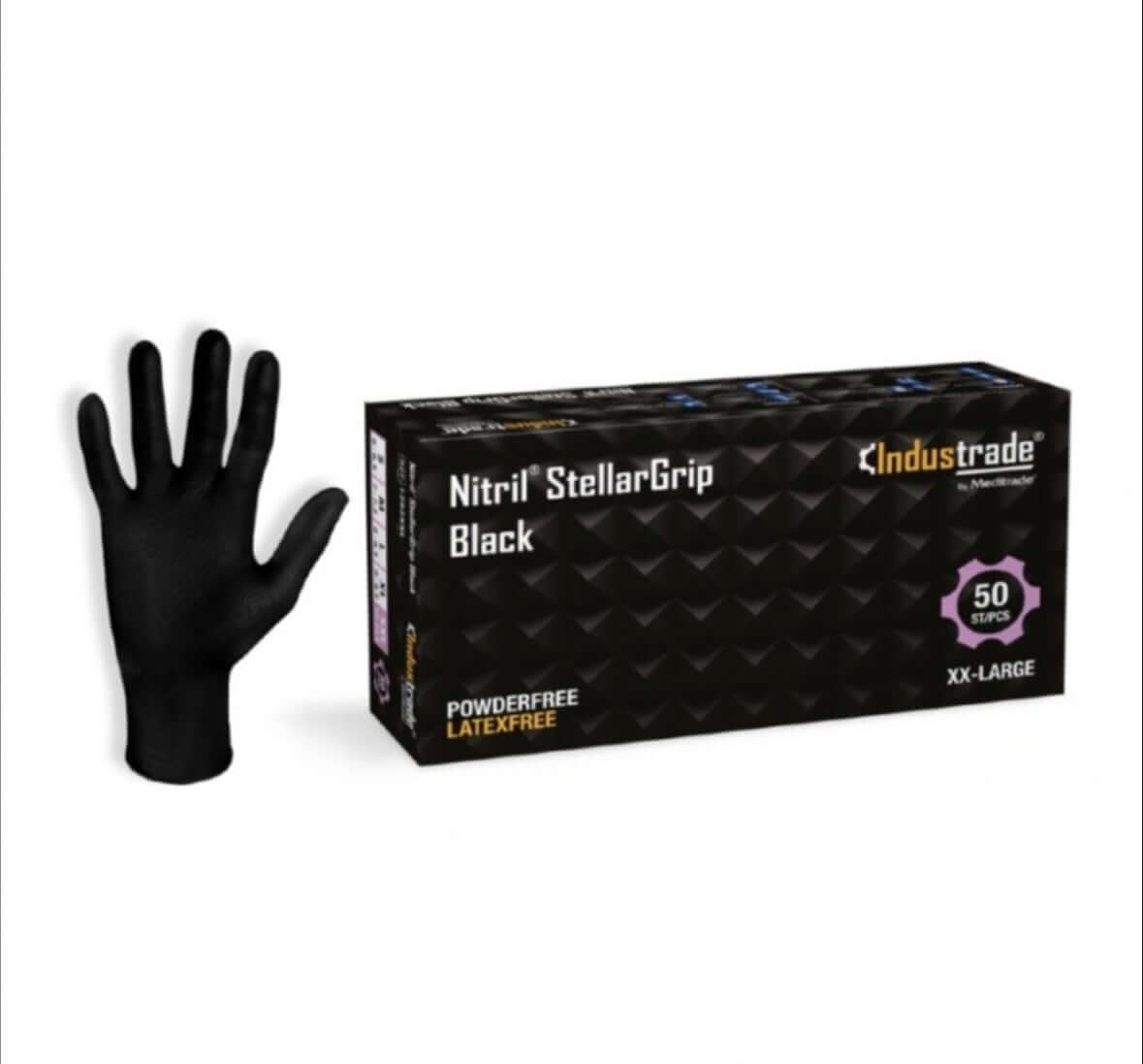 Meditrade StellarGrip Diamond Grip Nitrile Gloves 5.2Mil box with a black glove, designed for superior grip and durability.