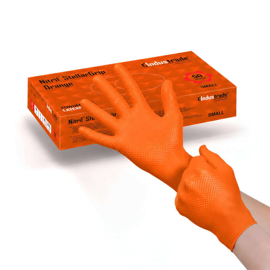 Meditrade StellarGrip Diamond Grip Nitrile Gloves 7Mil 8.5G shown in orange color, perfect for heavy-duty tasks.