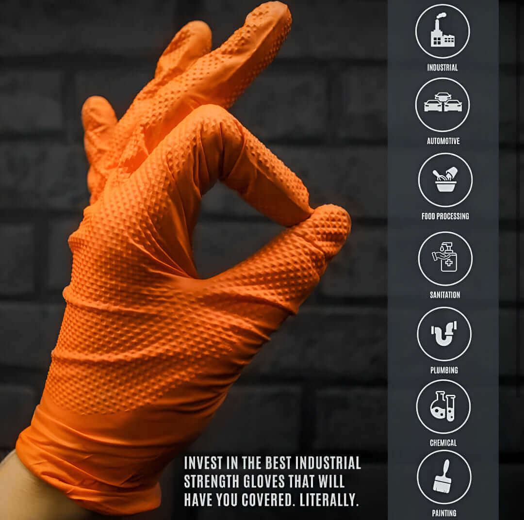 Orange industrial strength glove on a hand with a dark brick wall background and industry sector icons on the right.
