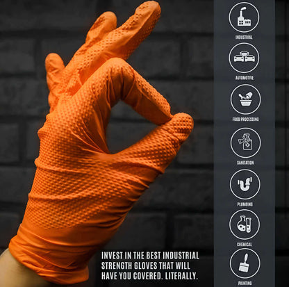 Orange industrial strength glove on a hand with a dark brick wall background and industry sector icons on the right.