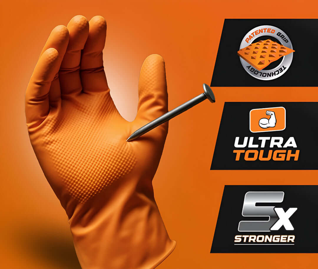 Orange glove holding a nail against an orange background with 'Ultra Tough' and '5X Stronger' text.