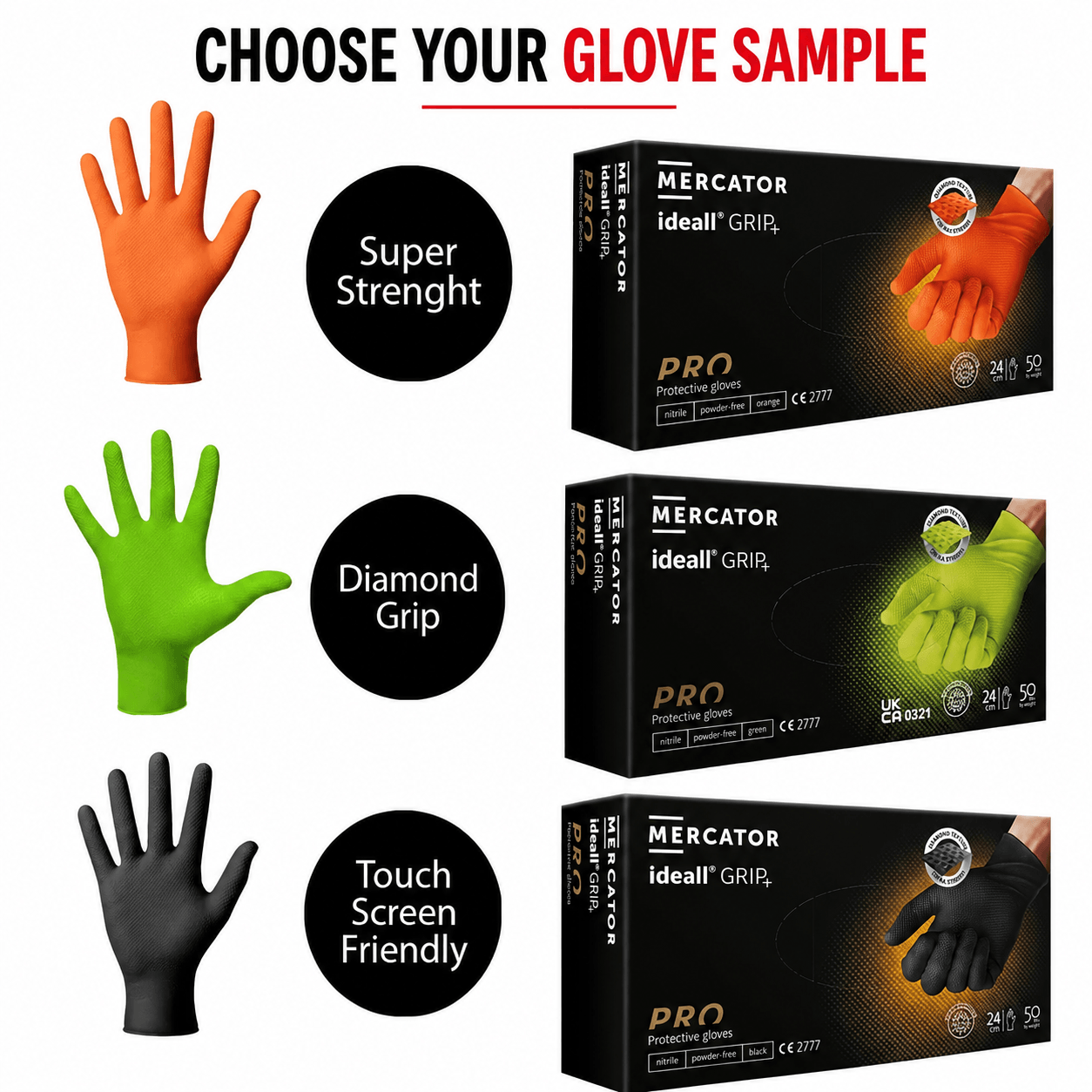 Nitrile Diamond Textured Glove Sample showcasing various glove types with descriptions and colors including Super Strength, Diamond Grip, and Touch Screen Friendly.