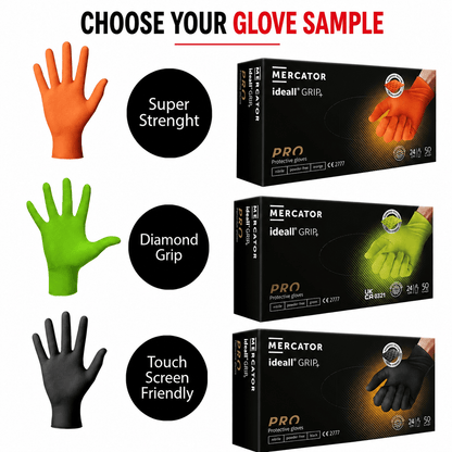 Nitrile Diamond Textured Glove Sample showcasing various glove types with descriptions and colors including Super Strength, Diamond Grip, and Touch Screen Friendly.