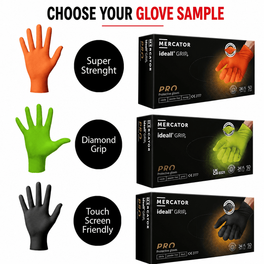Nitrile Diamond Textured Glove Sample showcasing various glove types with descriptions and colors including Super Strength, Diamond Grip, and Touch Screen Friendly.