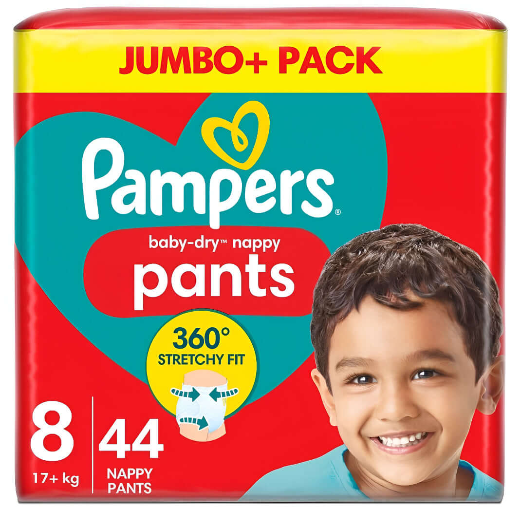 Pampers Baby Dry Pull Up Pants Size 8 & 9 Jumbo Pack package featuring flexible and absorbent design for toddlers.