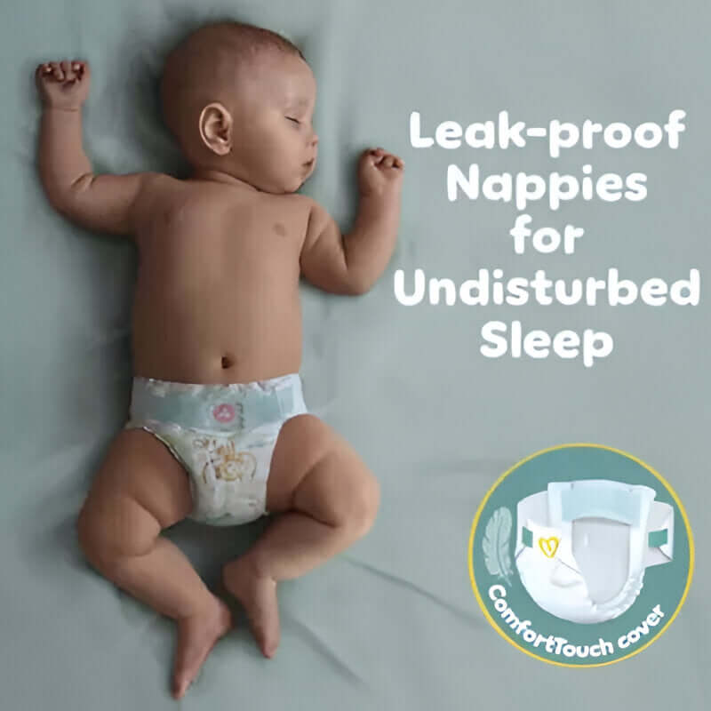 Baby lying on a light blue blanket wearing a diaper with text about leak-proof nappies.