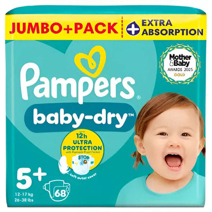 Pampers baby-dry diapers packaging with a child's face on a teal background