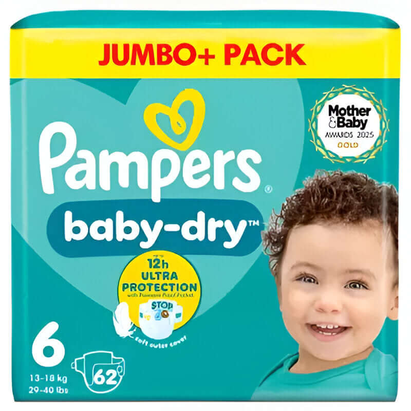 Pampers baby-dry diaper package with a child's face on the right side, featuring the brand logo and product details.