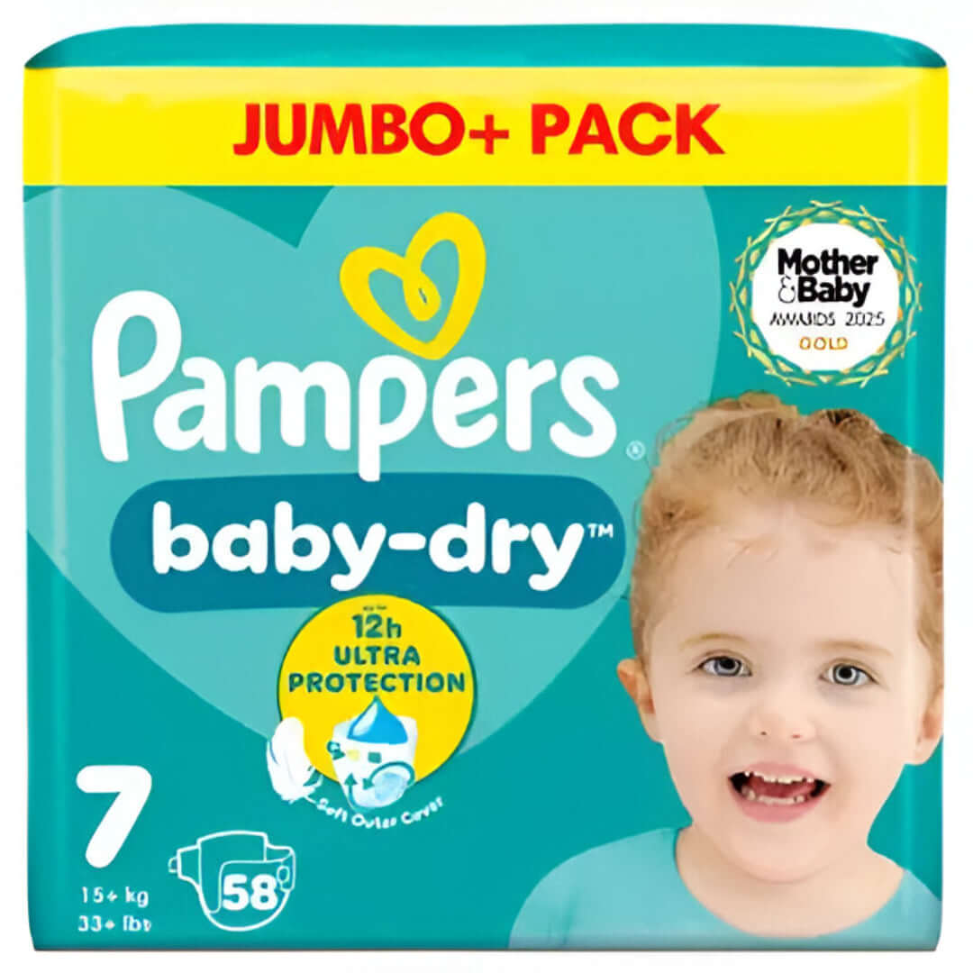 Pampers baby-dry diaper package with a child's face on the box