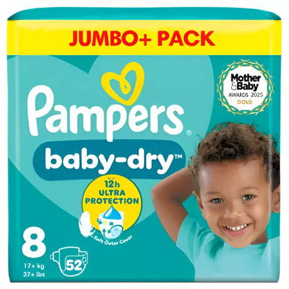 Pampers baby-dry diaper package with a child on the front, featuring the brand logo and product details.