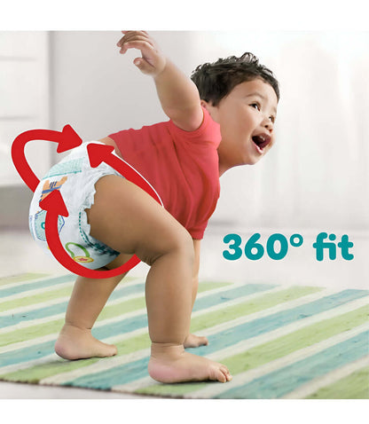 Pampers Baby Dry Pull Up Pants Size 8 & 9 Jumbo Pack showing flexible 360° fit on a toddler.