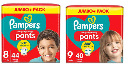 Pampers Baby Dry Pull Up Pants Size 8 & 9 Jumbo Pack with boy and girl, featuring 360° stretchy fit design.