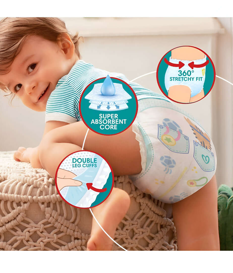 Child wearing a diaper with illustrations of its features, including super absorbent core, stretchy fit, and double leg cuffs.