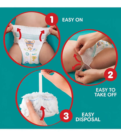 Pampers Baby Dry Pull Up Pants Size 8 & 9 Jumbo Pack easy on, easy to take off, and easy disposal instructions