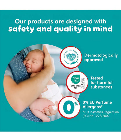 Advertisement for baby products with a baby being held, safety and quality assurances, and logos on a teal background.
