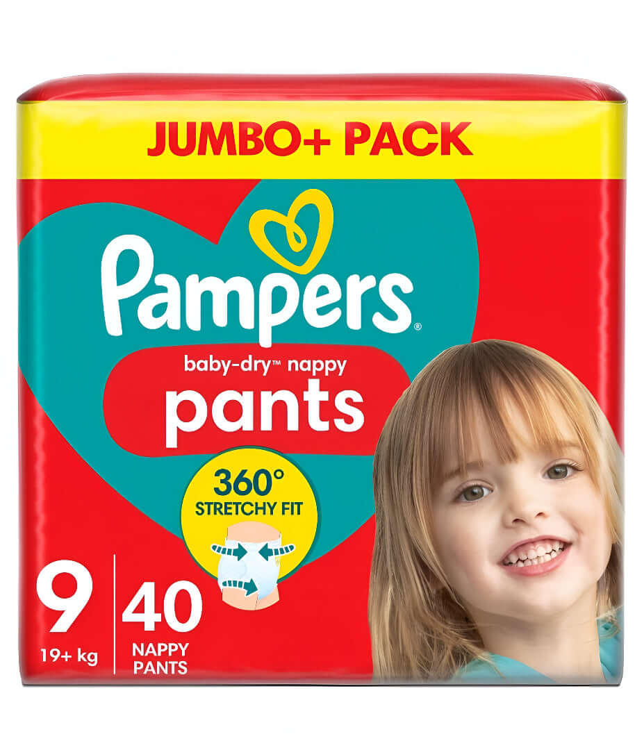Pampers Baby Dry Pull Up Pants Size 8 & 9 Jumbo Pack packaging featuring a child with a 360° stretchy fit design.