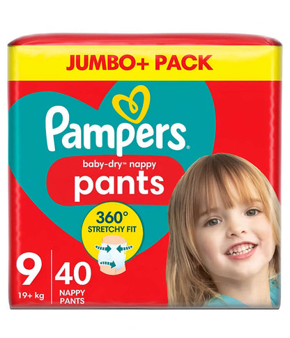 Pampers Baby Dry Pull Up Pants Size 8 & 9 Jumbo Pack packaging featuring a child with a 360° stretchy fit design.
