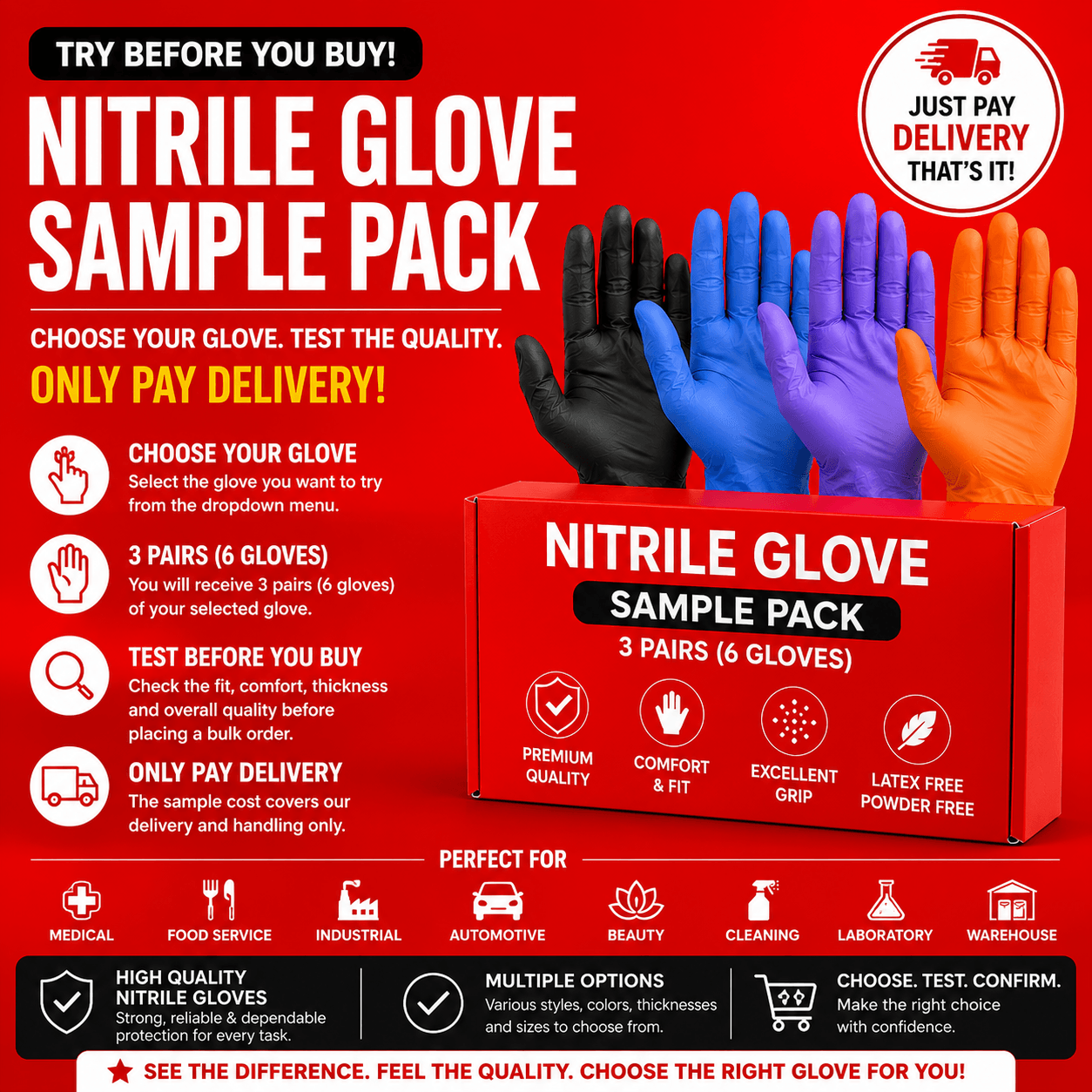 Nitrile Diamond Textured Glove Sample pack with colorful gloves and promotional text for testing quality before purchase.