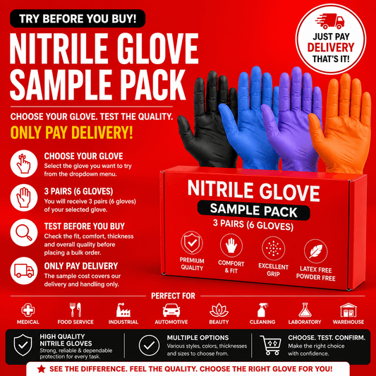 Nitrile Diamond Textured Glove Sample pack with colorful gloves and promotional text for testing quality before purchase.