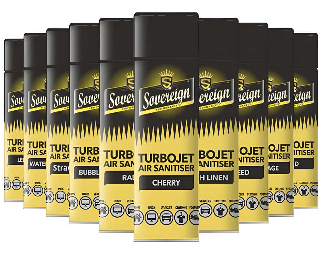 Sovereign Turbojet Air Freshener Sanitizer - 500ml range of fragrances displayed in aerosol cans.