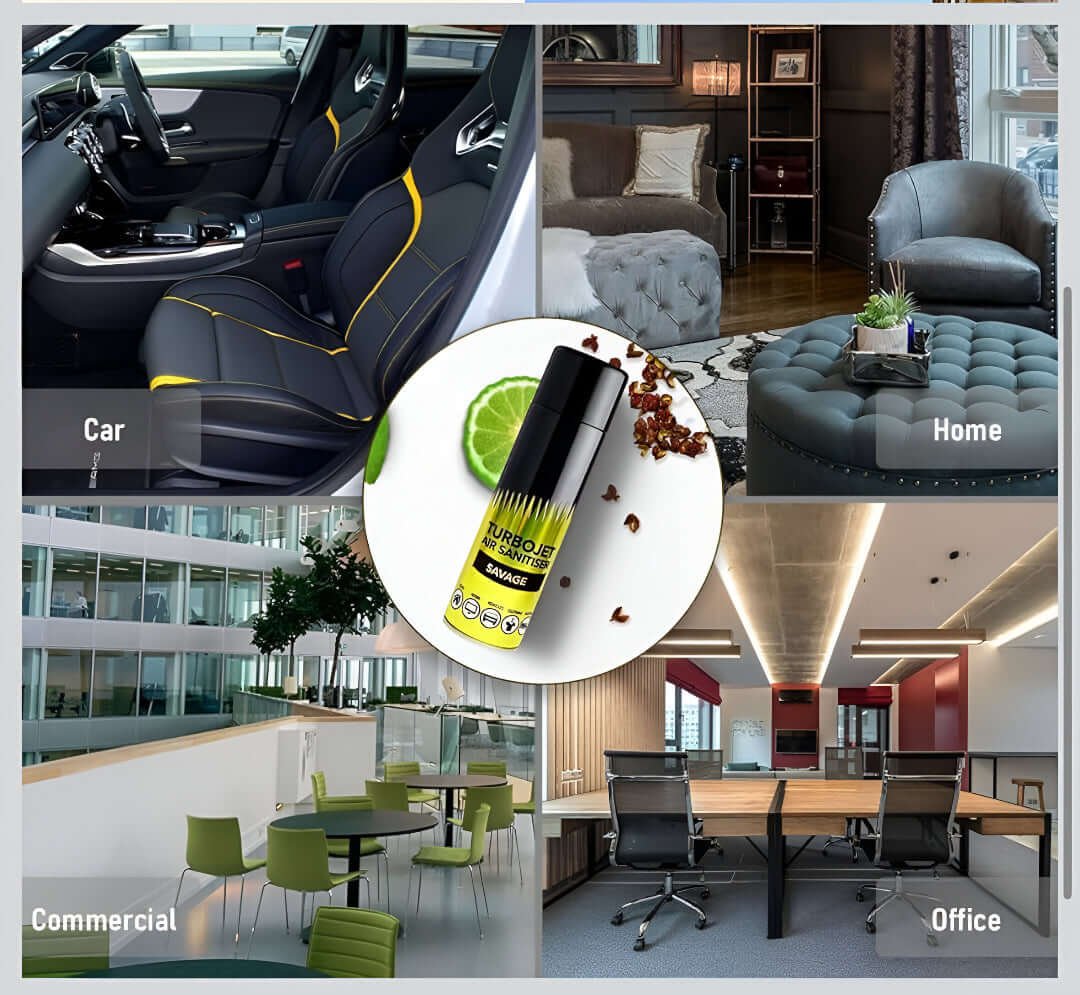 Collage of images including car interior, home setting, and office space with a product in the center.