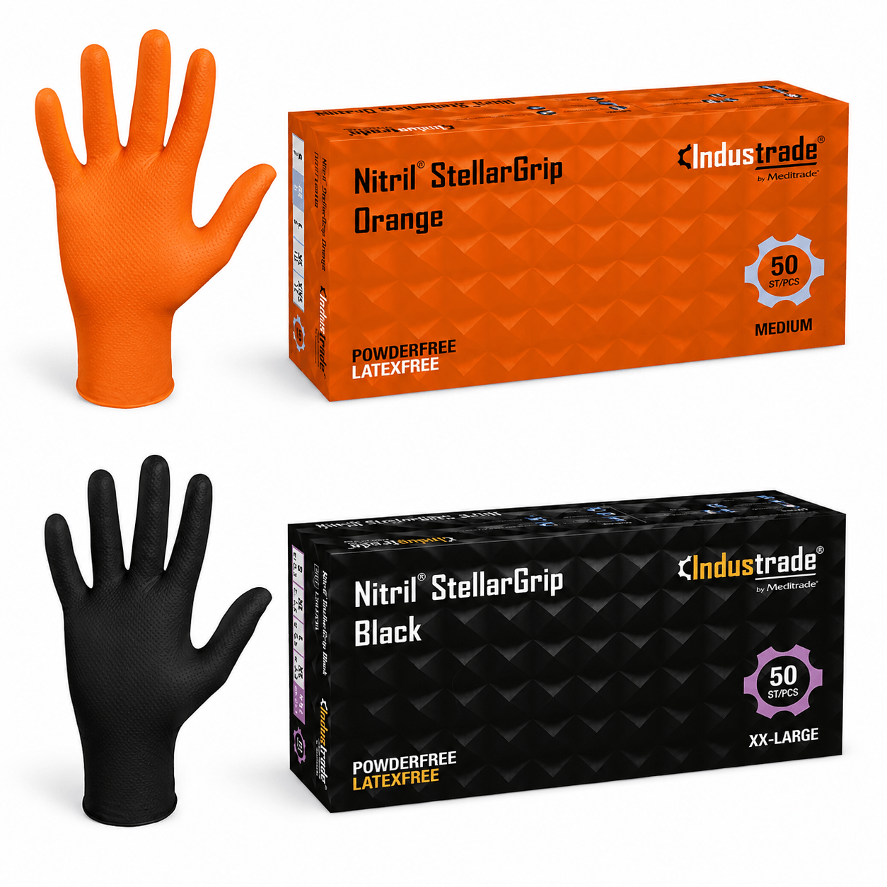 Nitrile Diamond Textured Glove Sample in orange and black packaging, displaying powder-free latex-free gloves.