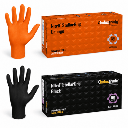 Nitrile Diamond Textured Glove Sample in orange and black packaging, displaying powder-free latex-free gloves.
