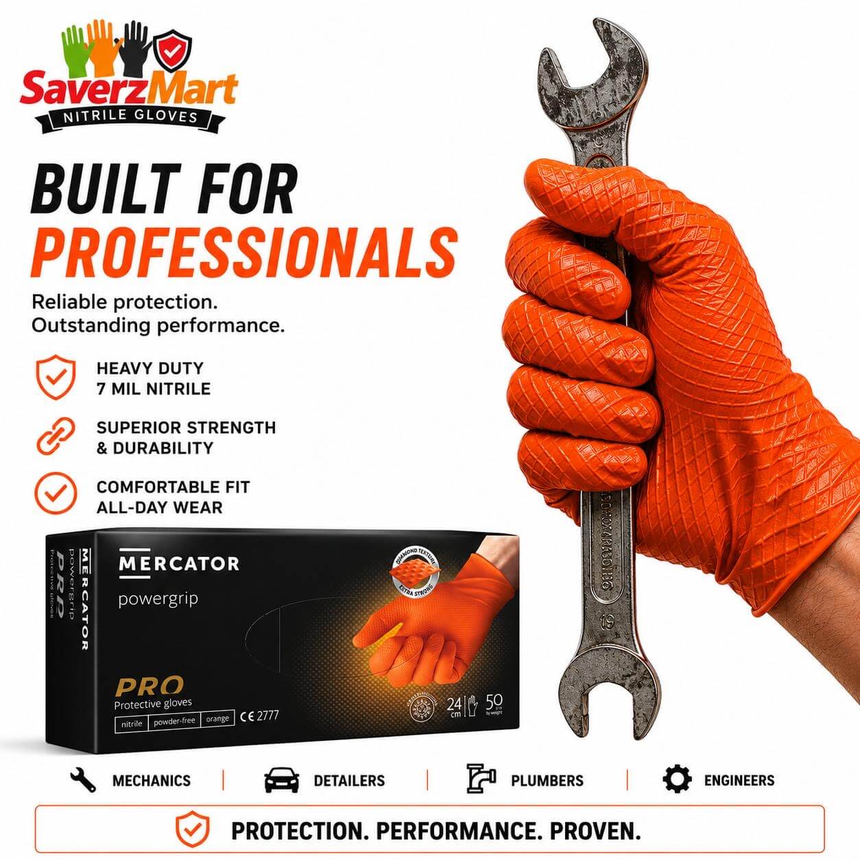 Mercator Ideall Grip+ Orange 7 Mil Heavy Duty Nitrile Gloves Box of 50